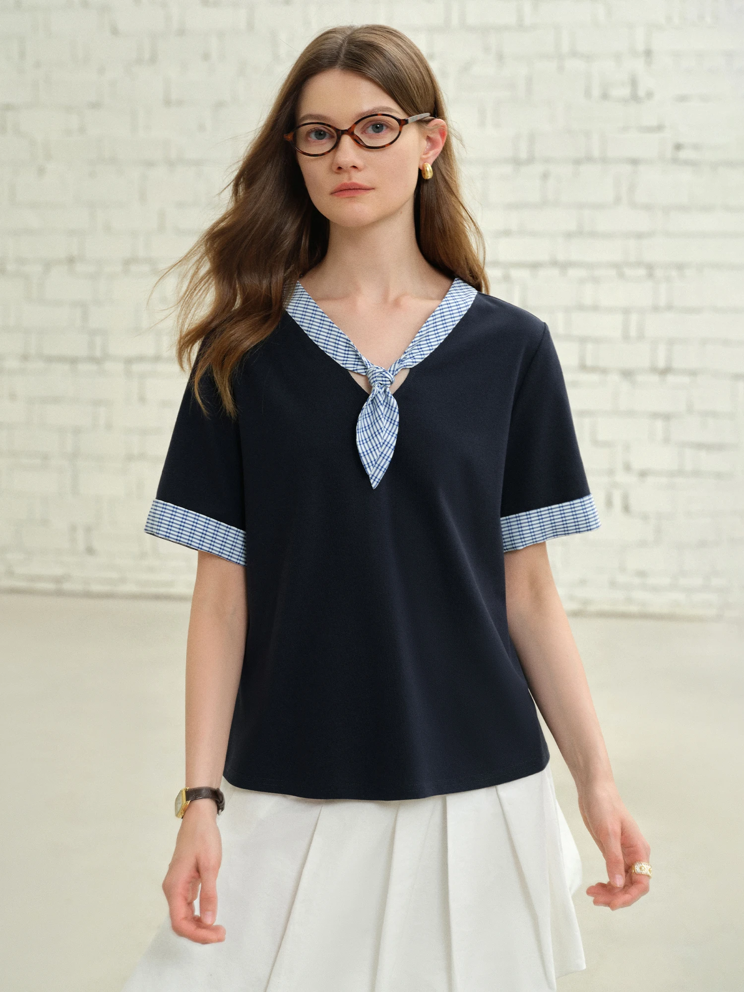

DUSHU Old Money Contrast Color Plaid Patchwork Short-sleeved T-shirt 2025 Summer New Commuter Fashion All-match Top 25DS82415