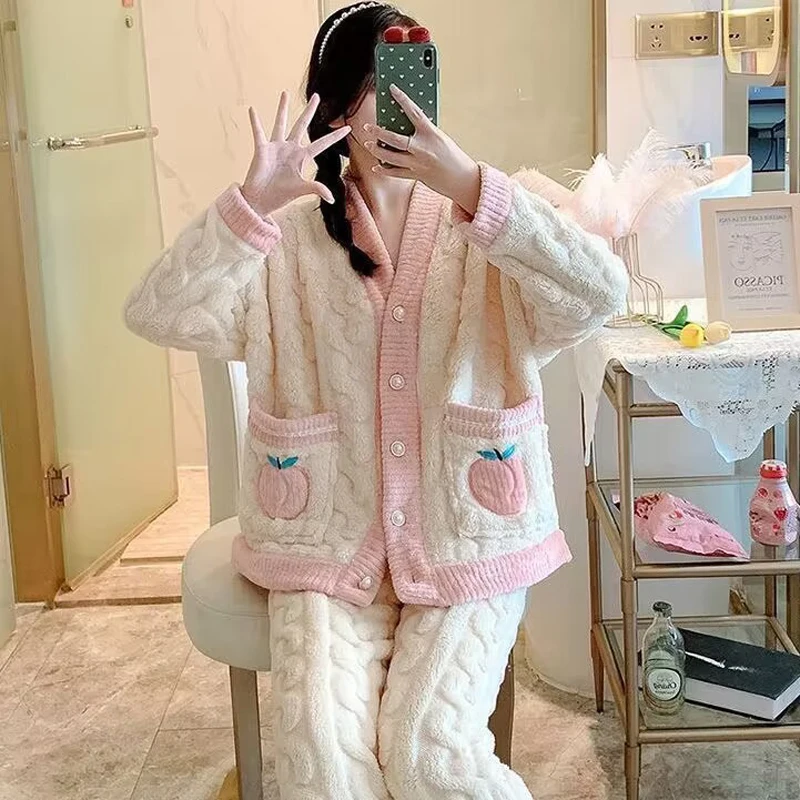 Thickened Warm Pink Peach Coral Velvet Pajamas 2PCS Set Winter Ladies Cardigan Nightwear Homewear Sweet Sleepwear Loungewear