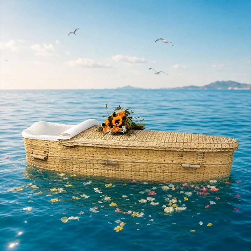 Export Europe, America and North America rattan coffin, white solid wood funeral flower coffin, funeral supplies