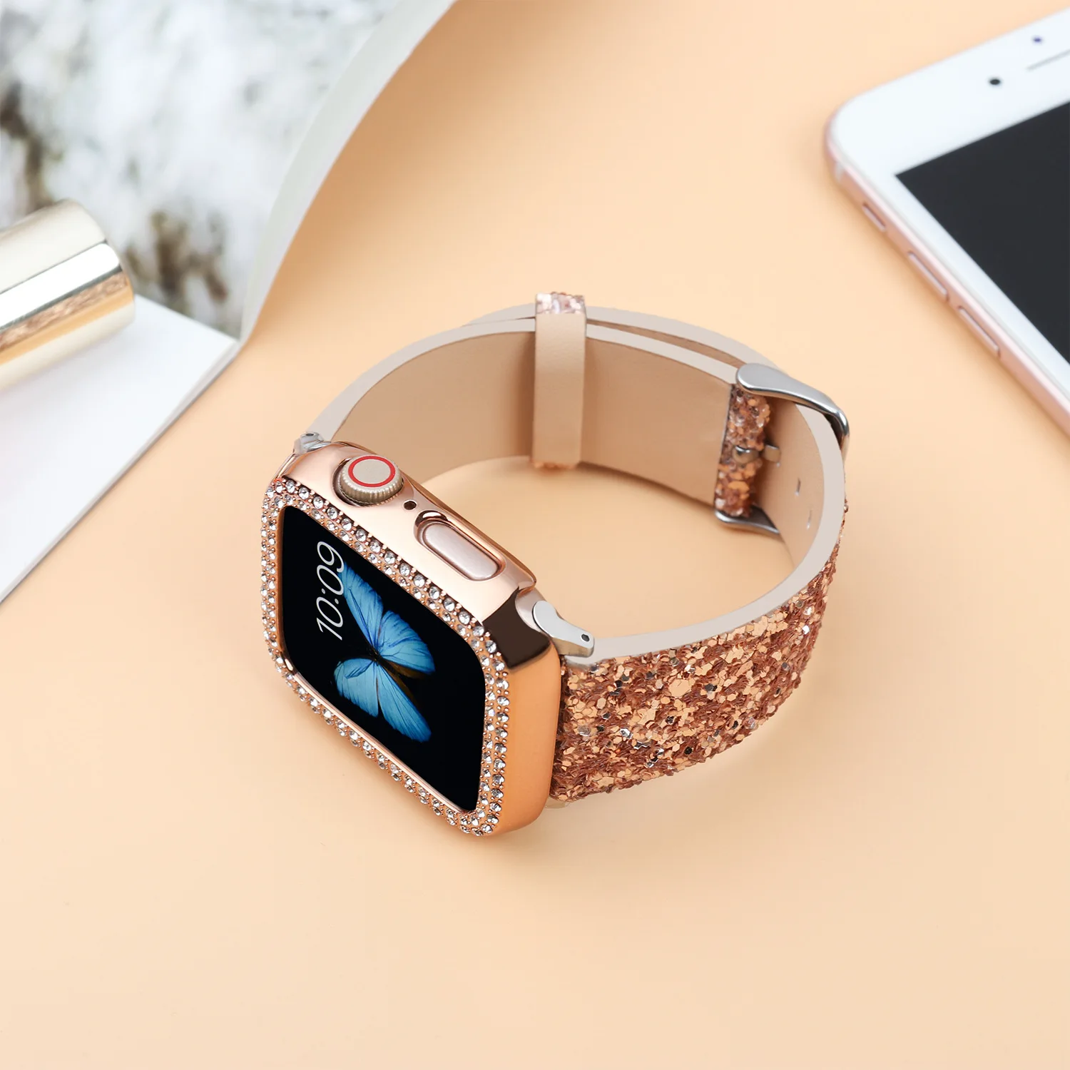 Leather Strap+Case Kit For Apple Watch 9 8 7 6 5 4 SE Ultra 2 49mm Fashion Shiny Women Bracelet iWatch 45mm 44mm 42mm 41mm Band