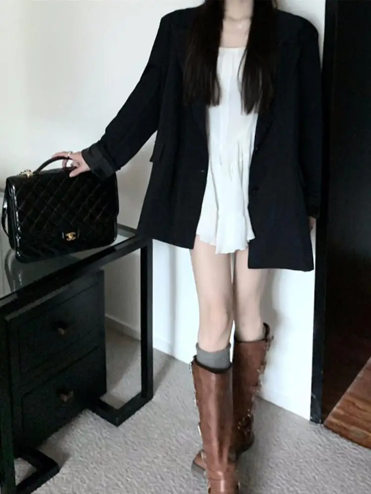 Girls Bow New Thin Black Blazer Women's Spring and Autumn Loose Medium and Long High-end Small Suit