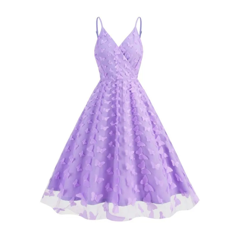 

Sexy V-Neck 3D Butterfly Dress Summer 2025 Fashion Elegant Patchwork Vintage Mesh Evening Party Dresses Women Backless Vestidos