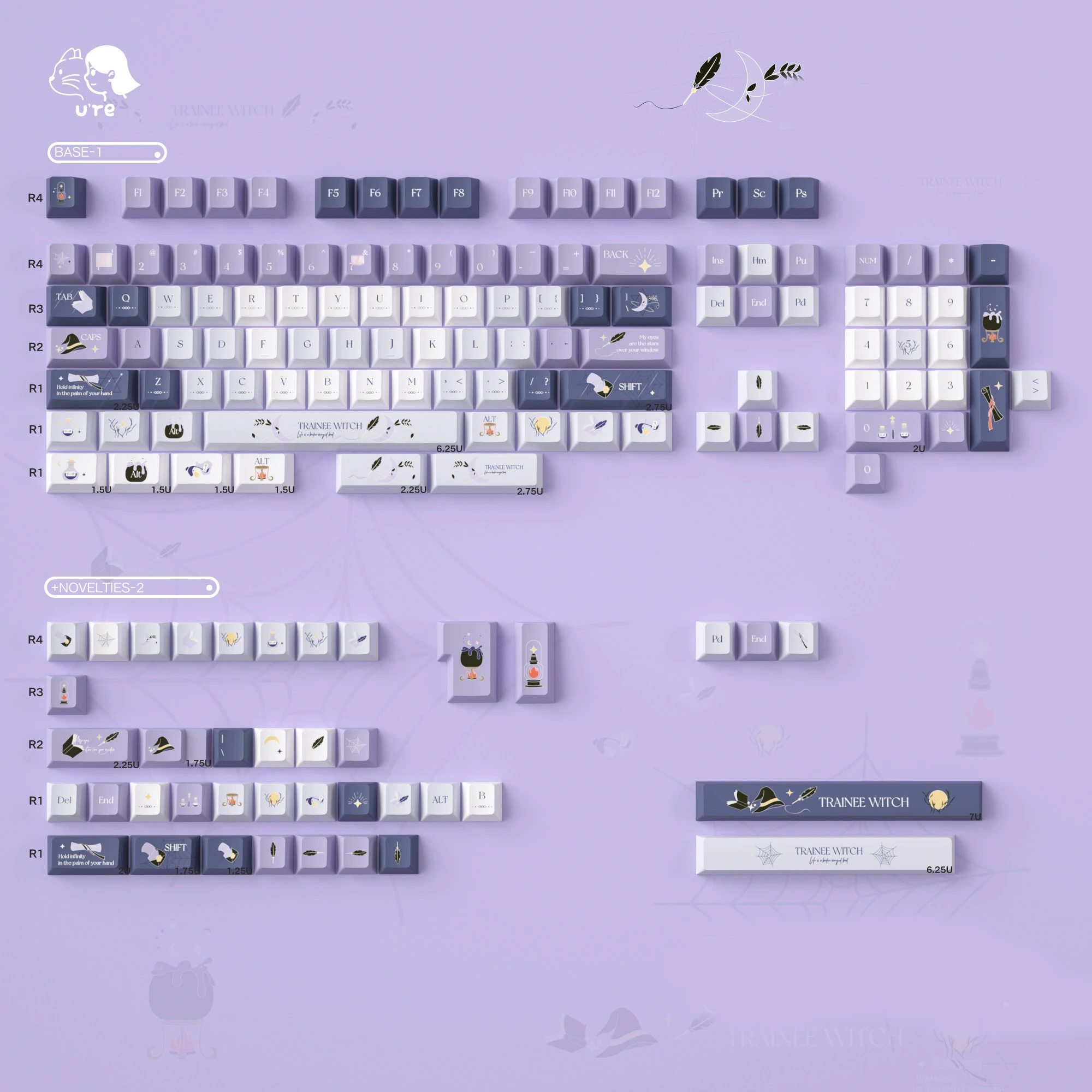 152 Keys URE Purple Witch Diary Keycaps Cherry Profile Dye-Sublimation Keycap Complete Sets For MX Switch Mechanical Keyboard