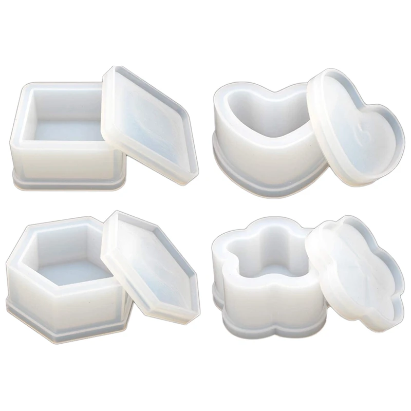 

Box Resin Molds With Lids, Silicone Jewelry DIY Storage Box Epoxy Resin Molds With Heart Hexagon Square Flower Shape