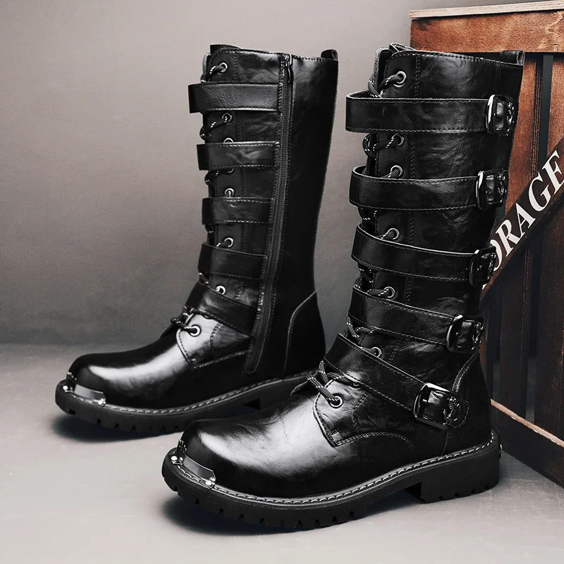 

Men's Motorcycle Boots Mid-Calf Knight Boot Good Quality Punk Hippie Rivets Zip Buckle Gentleman Boots for Men Botas Para Hombre