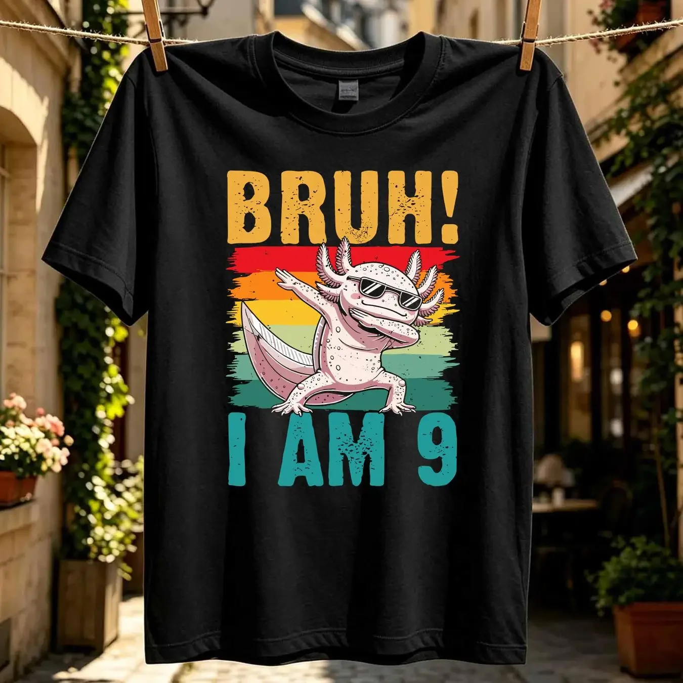 washed T Shirt 9 Year Old Dabbing Axolotl Bruh It's My 9th Birthday vintage Soft designer clothes Comfortable Stylish homme