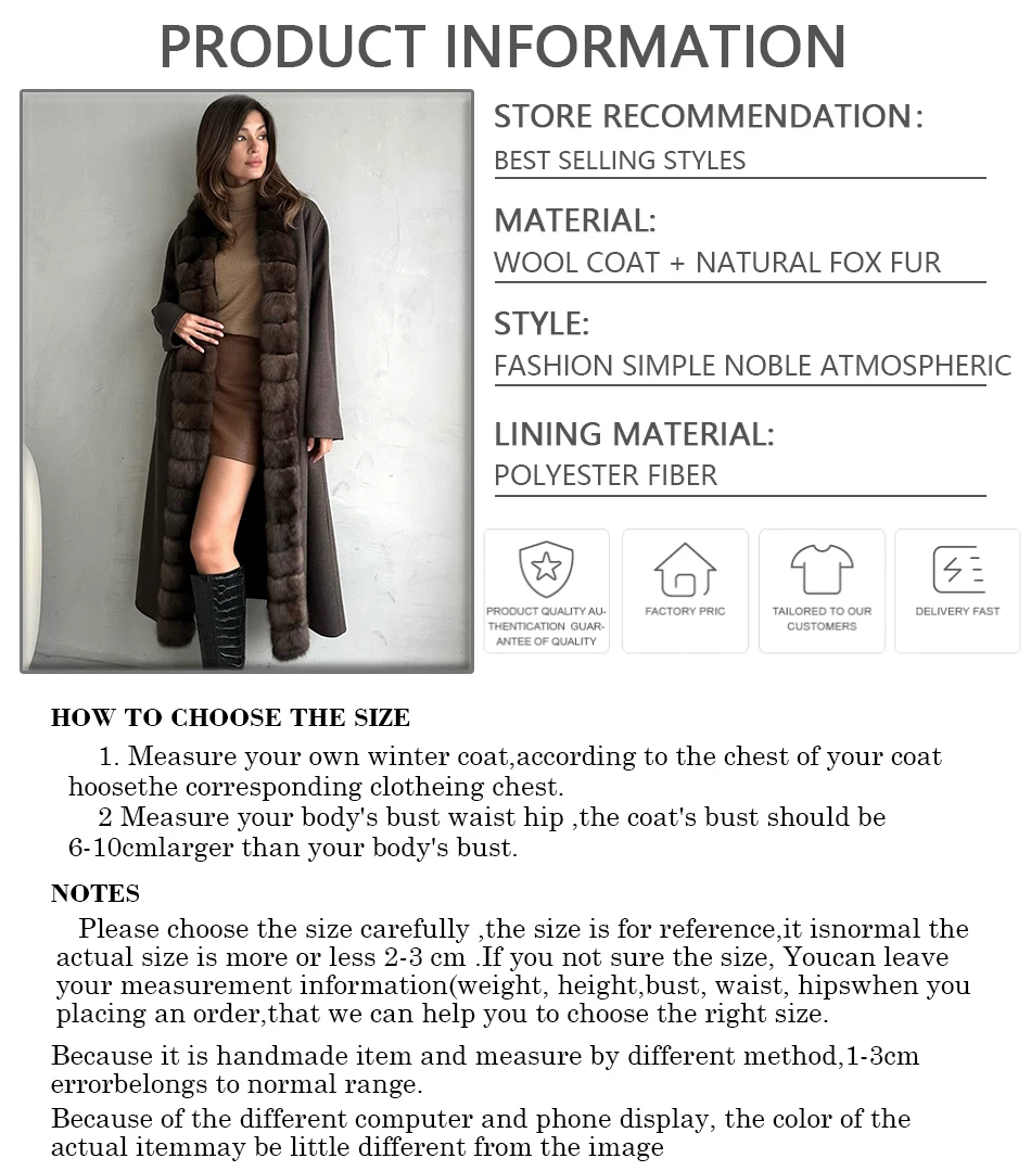 Woolen Coats Woman Natural Fox Fur Collar Warm Wool Coat For Women Winter 2024 New Outerwear