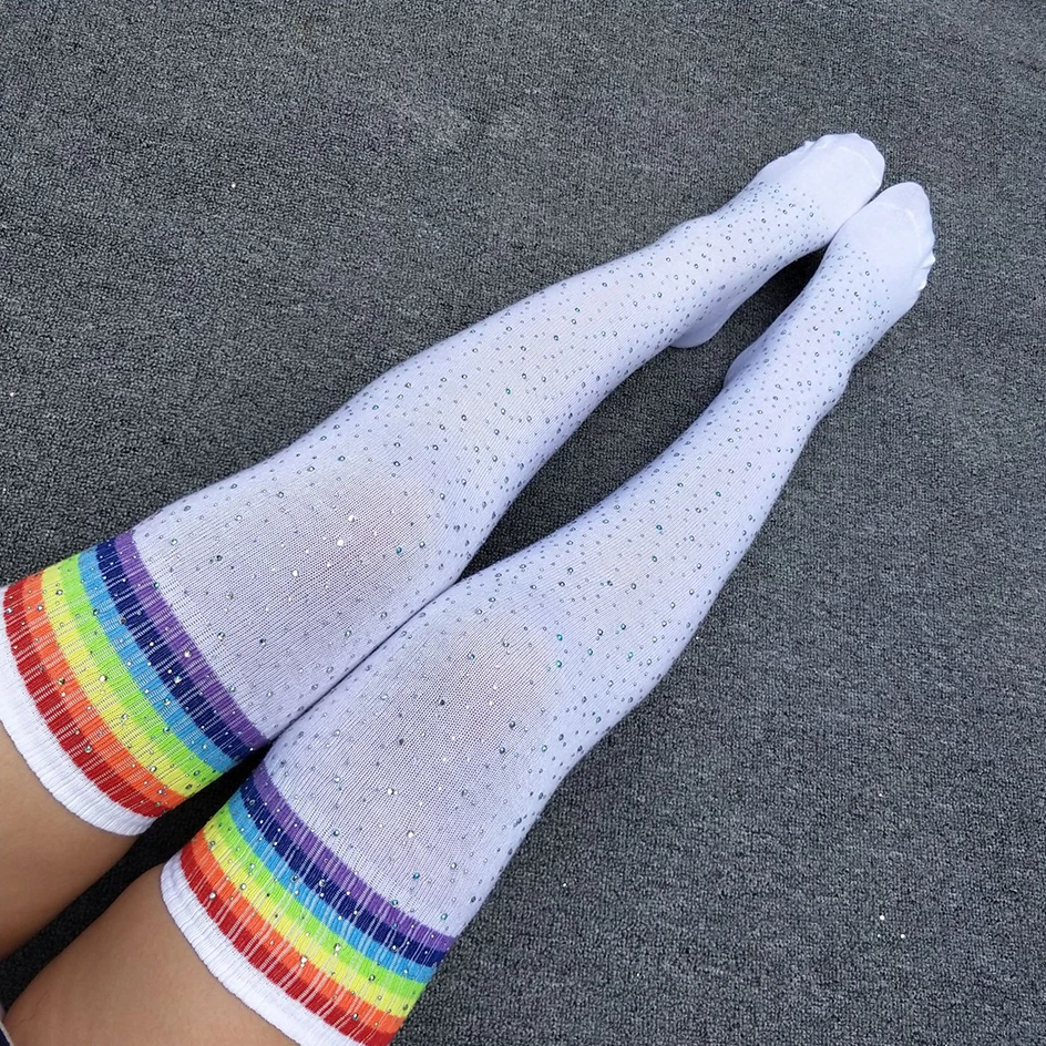 Sexy Glitter Rhinestone Stockings Women Rainbow Striped Stockings Bling Christmas Knee Socks Harajuku Fashion Shiny Long Socks