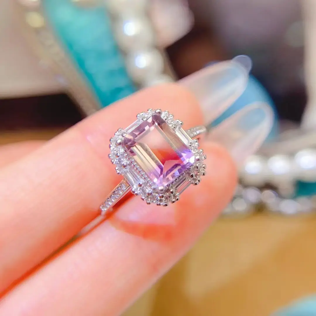 

Ювелирные изделия из серебра 925 пробы с кристаллами, кольцо с натуральным аметрином для женщин, 6 мм * 8 мм, серебряное кольцо с аметрином и позолотой 18 карат