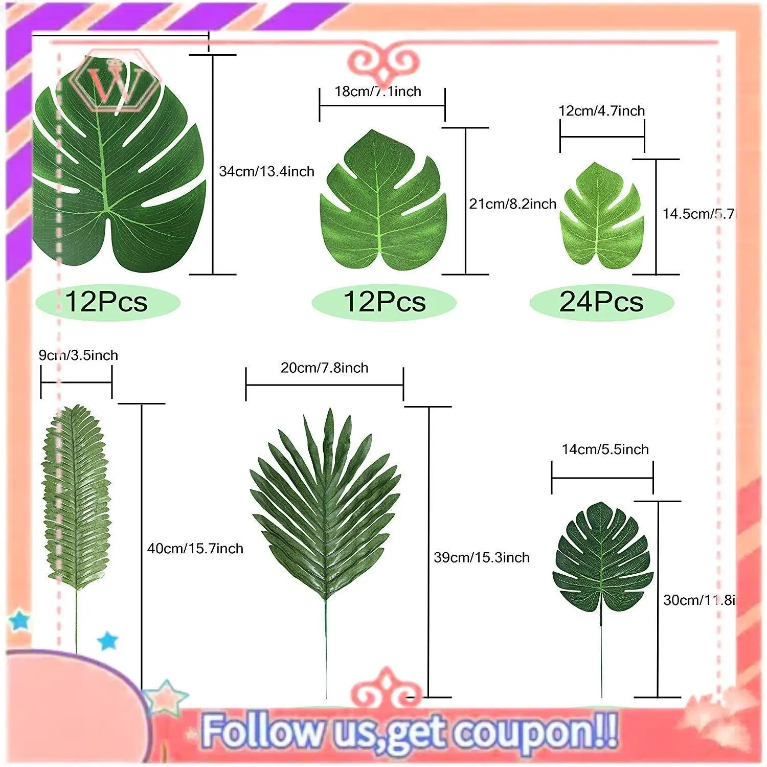 60 Pcs 6 Kinds Artificial Palm Leaves Tropical Plant Leaves Faux Monstera Leaves Stems For Hawaiian Luau Party Decorations, Jung