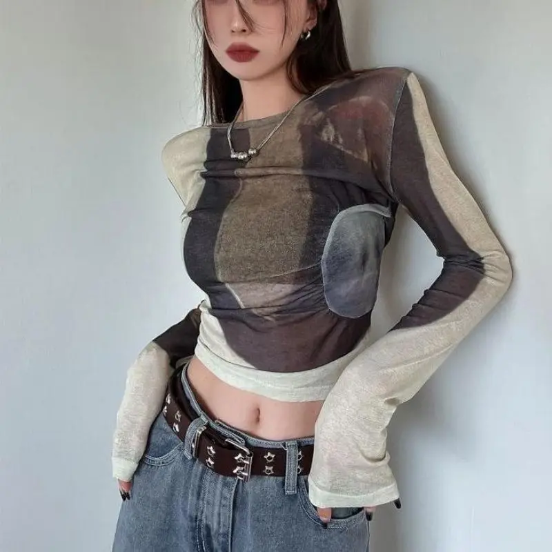 Early Autumn Short T-shirt Contrasting Color Smudge Crew Neck Slim Mesh Women's Top