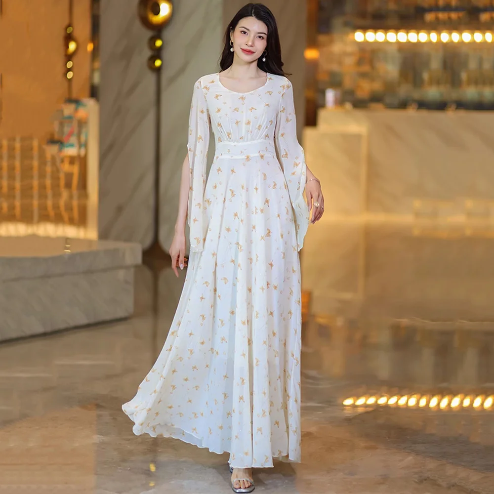 

New Women Summer Butterfly Print Long Dress Fashion O-Neck Flare Sleeve Slim Waist Chiffon Dress Elegant Flowing A-line Dress