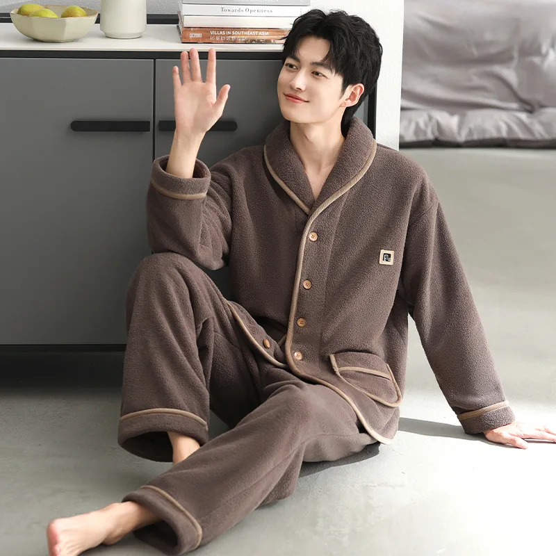 

Sleepwear Winter Men's Pajamas SetsMCoral Fleece Thickened Fleece Men's Autumn Flannel Loungewear Underwear
