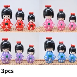 3pcs New Cute Handmade Oriental Japanese Dark Red Pink Kokeshi Girls Wooden Dolls 14cm 11cm 8cm