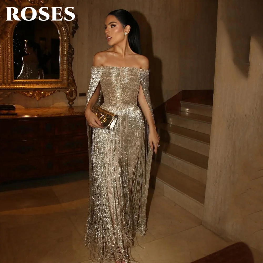 

ROSES Gold Luxury Evening Dress Off Shoulder Tassel Party Dresses Cape Sleeve Prom Gown Shiny Mermaid robes du soir Customized