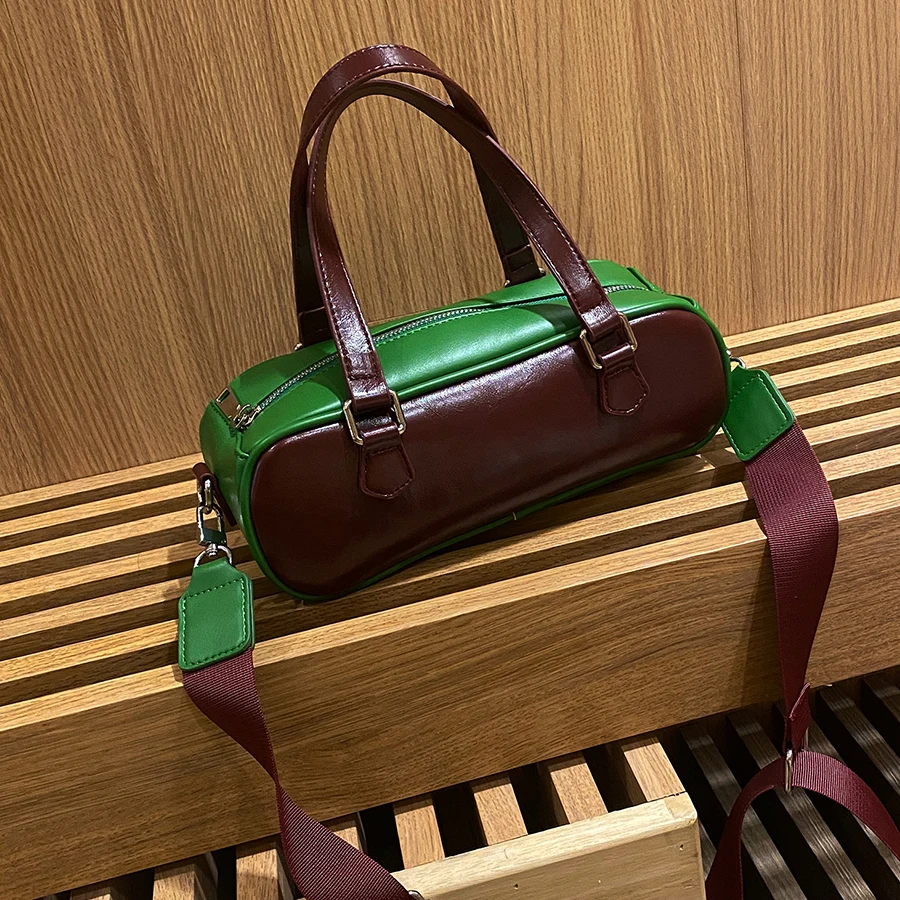 Women Boston Color-blocking PU Leather Handbag Lady Commuter Shoulder Crossbody Bag Female Wide Shoulder Strap Pillow Tote Bolsa
