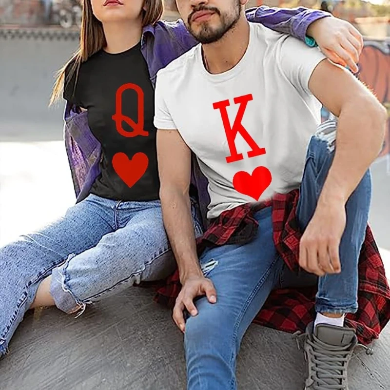 

Playing Card K and Q of Hearts Couple Shirt His and Hers Matching Outfit Shirts Funny Cute Letter Print Graphic Casual Tee Tops