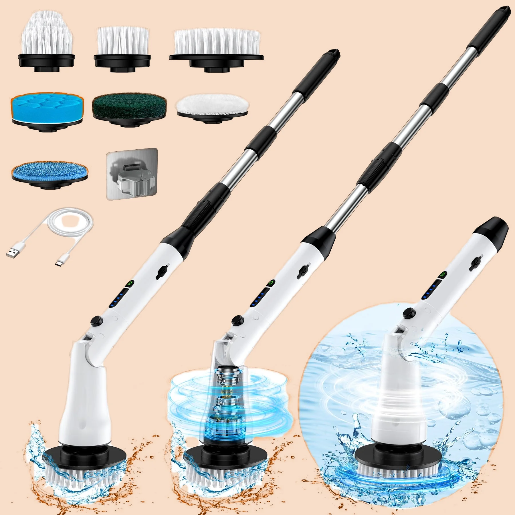 Cordless Electric Spin Cleaning Brushes Sustainable Stainless Steel with Plastic Handle Waterproof Cleaning Supplies
