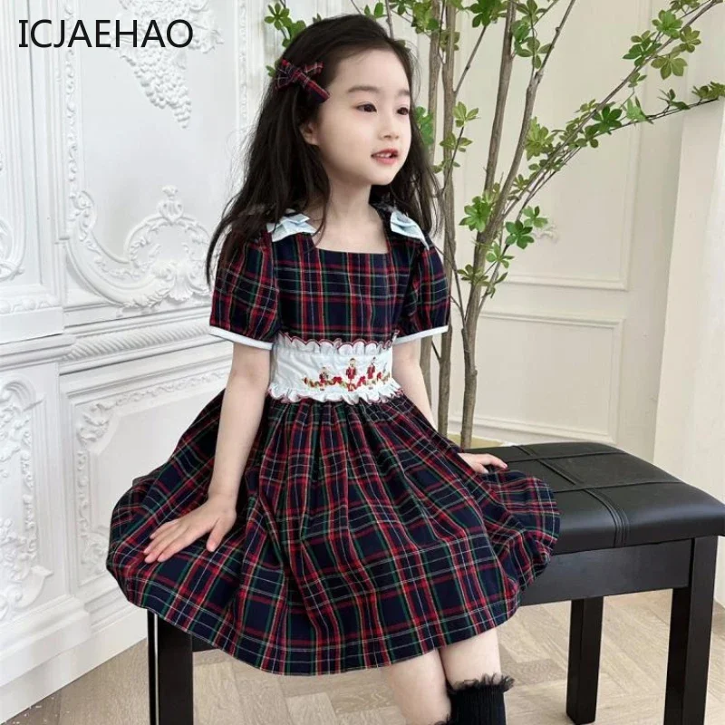 

2025 Square Neck Bow Elegant Retro Plaid Girl Dress Embroidered Lace up Cute Clothing Baby New A-line Vestidos Outfit