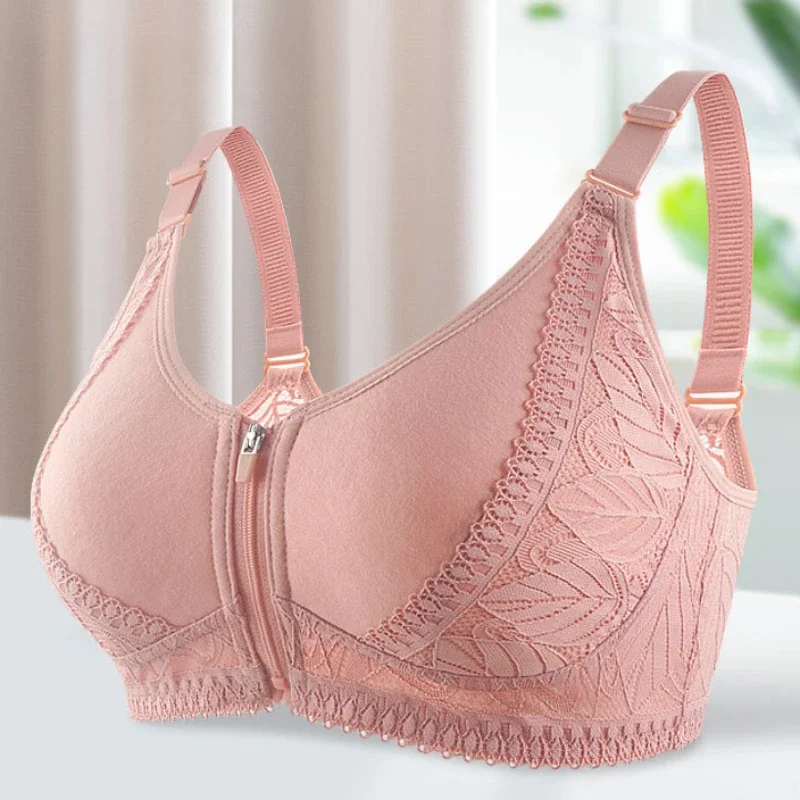 New Soft Bra Front Zipper Middle-Aged and Elderly Underwear Ladies Underwired Lace Beautiful Back Adjustable Large Size Bra