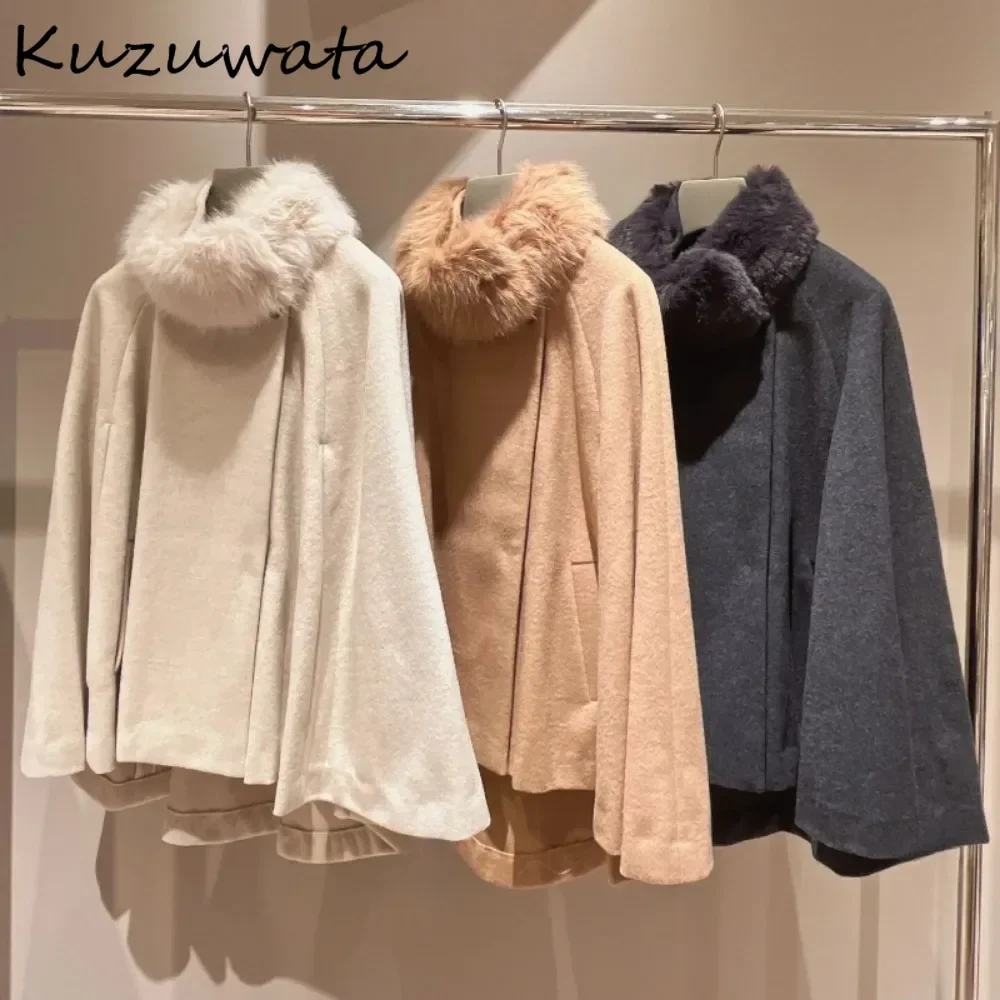 Kuzuwata Feminine Luxury Fur Collar Cloak Sleeves Blends Wool Loose Moda Irregular Personalized Jacket Japan New Warm Clothing