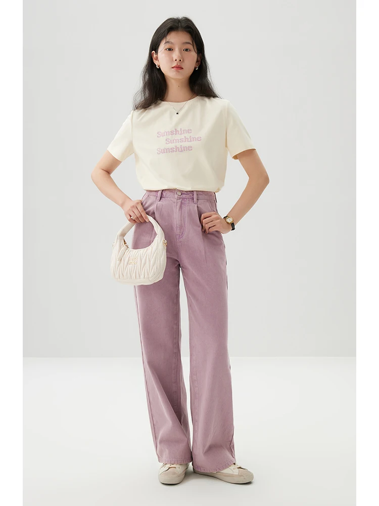 ZIQIAO Straight-leg Pink Jeans for Women High-waist Slim Floor-length Pants 2024 Spring New Wide-leg Chic Style Trousers Female