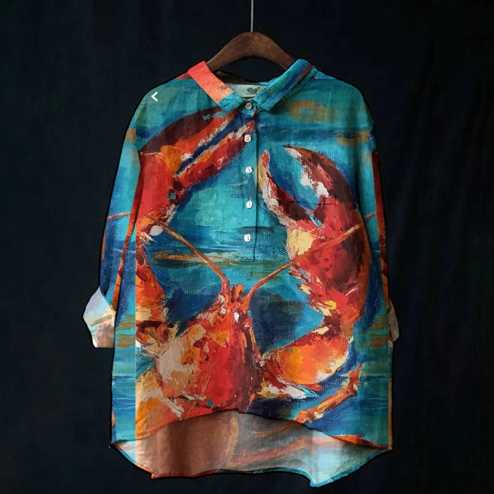 

Artistic Lobster Blue Sea Red Women's Print Casual Shirt Vibrant Colorful Charm Top Art Aesthetic Retro Matisse Botanical Shirt