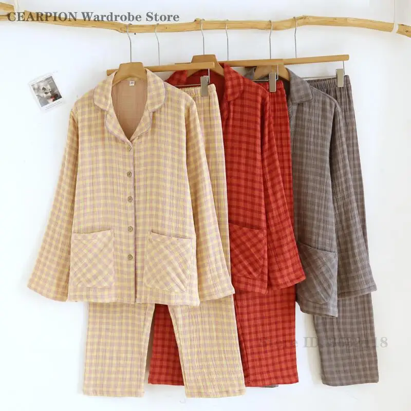 Cotton Couple Sleepwear Plaid Long Sleeved 2Pcs Pajamas Set 2026 Spring New Night Wear Men's Casual Pijamas Loose Homewear