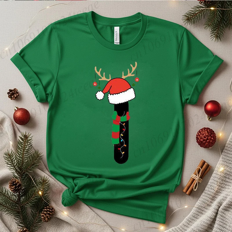 Damska świąteczna koszulka z alfabetem, pasujące piżamy rodzinne na Boże Narodzenie, strój na imprezę, świąteczny nadruk z monogramem, bluzka z krótkim rękawem.