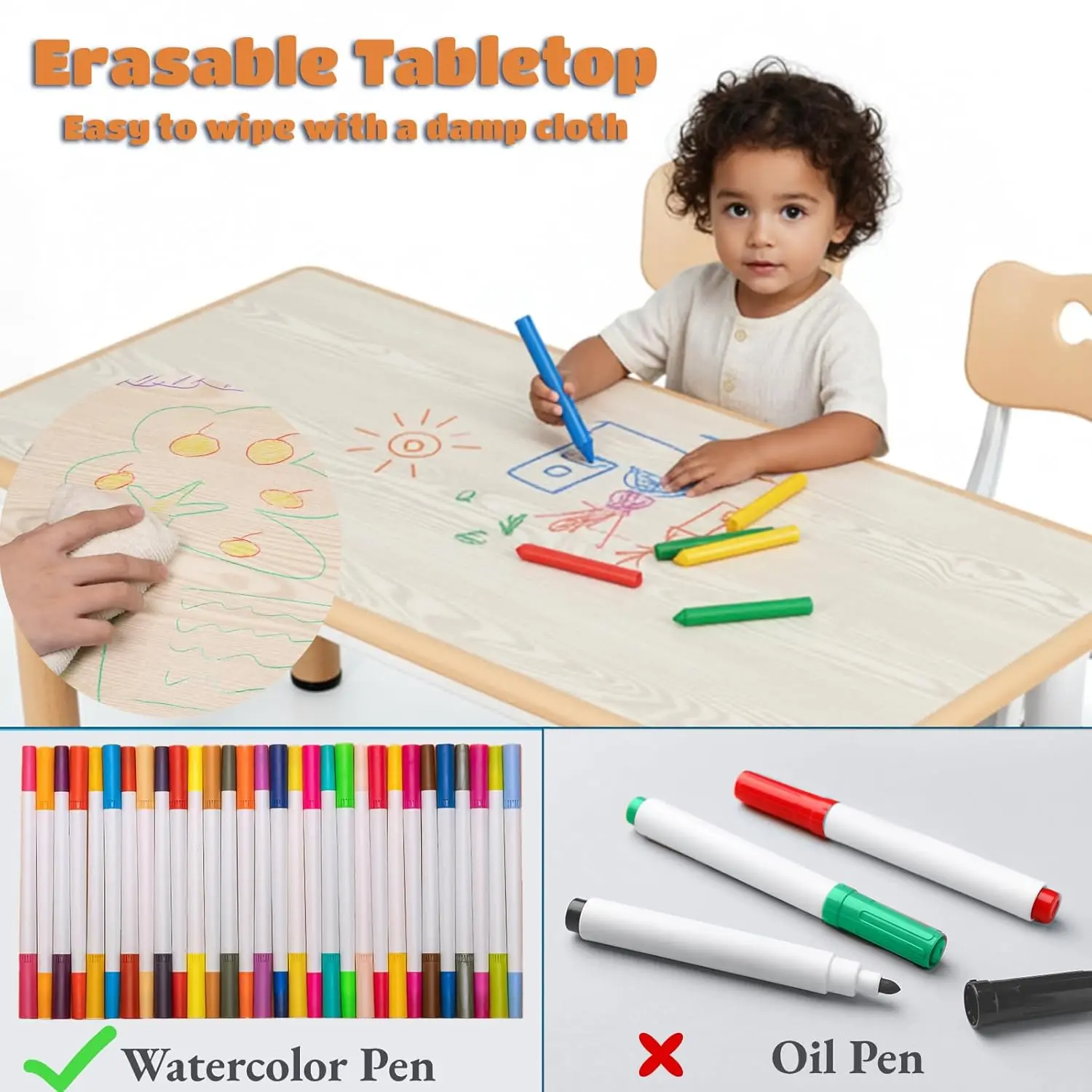 Kids Table and 6 Chairs Set, Height Adjustable Graffiti Desk, Preschool Activity Art Craft Table, for Daycare, Customized