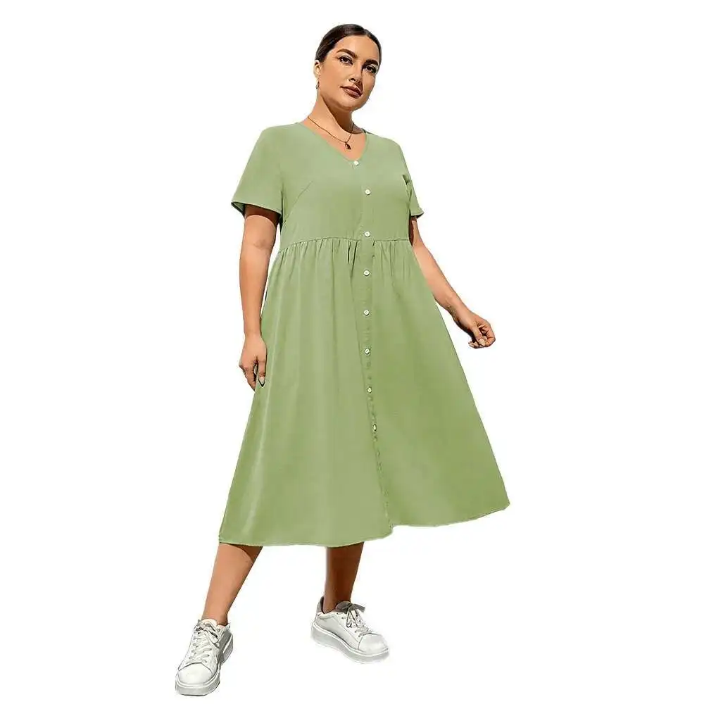 2025 PRIMAVERA/NOVEDAD DE VERANO cuello en V manga corta hasta la rodilla falda Color sólido suelto vestido de cintura alta fiesta verano Elegantes Casual Y2k