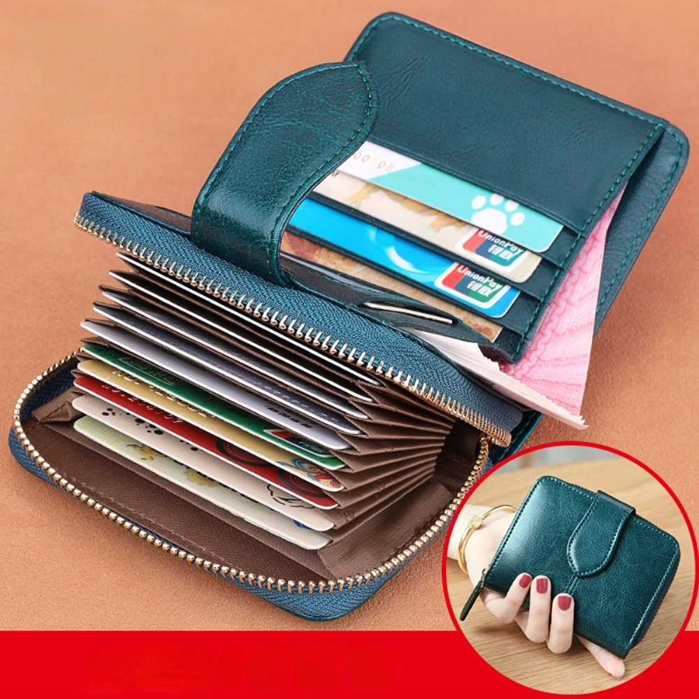 New Vintage Oil Wax Cowhide Short Women\'s Wallet Genuine Leather Zipper Coin Purse Multi Card Slot Card Bag