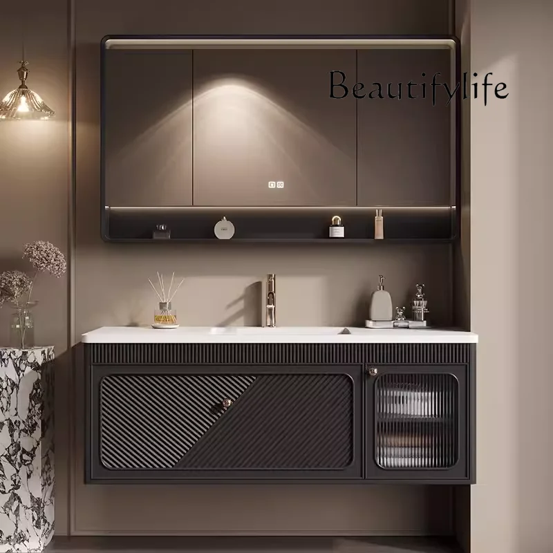 

Italian minimalist oak bathroom cabinet, bathroom slate washstand, integrated hand washbasin cabinet