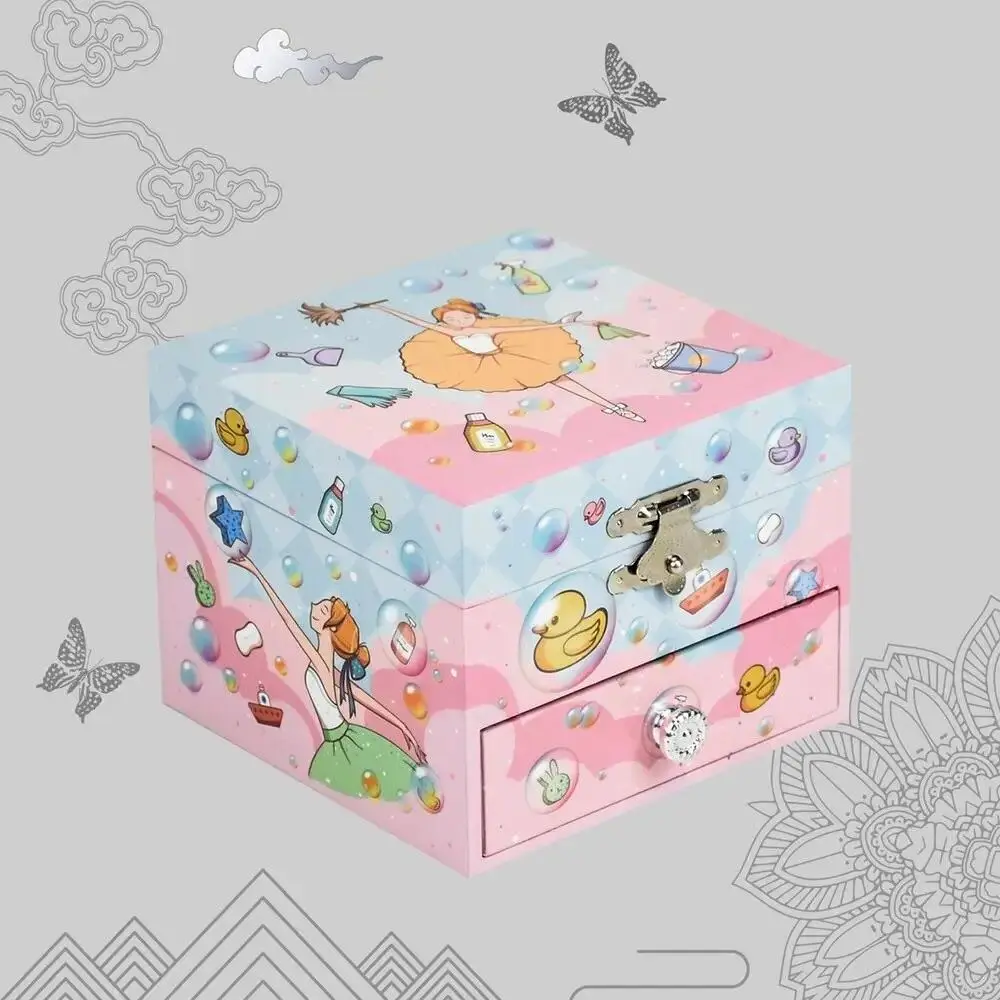 Cartoon With Mirror Rotating Girl Music Box Drawer Style Sparkling Musical Jewelry Box Save Space Ballerina Music Box Girls