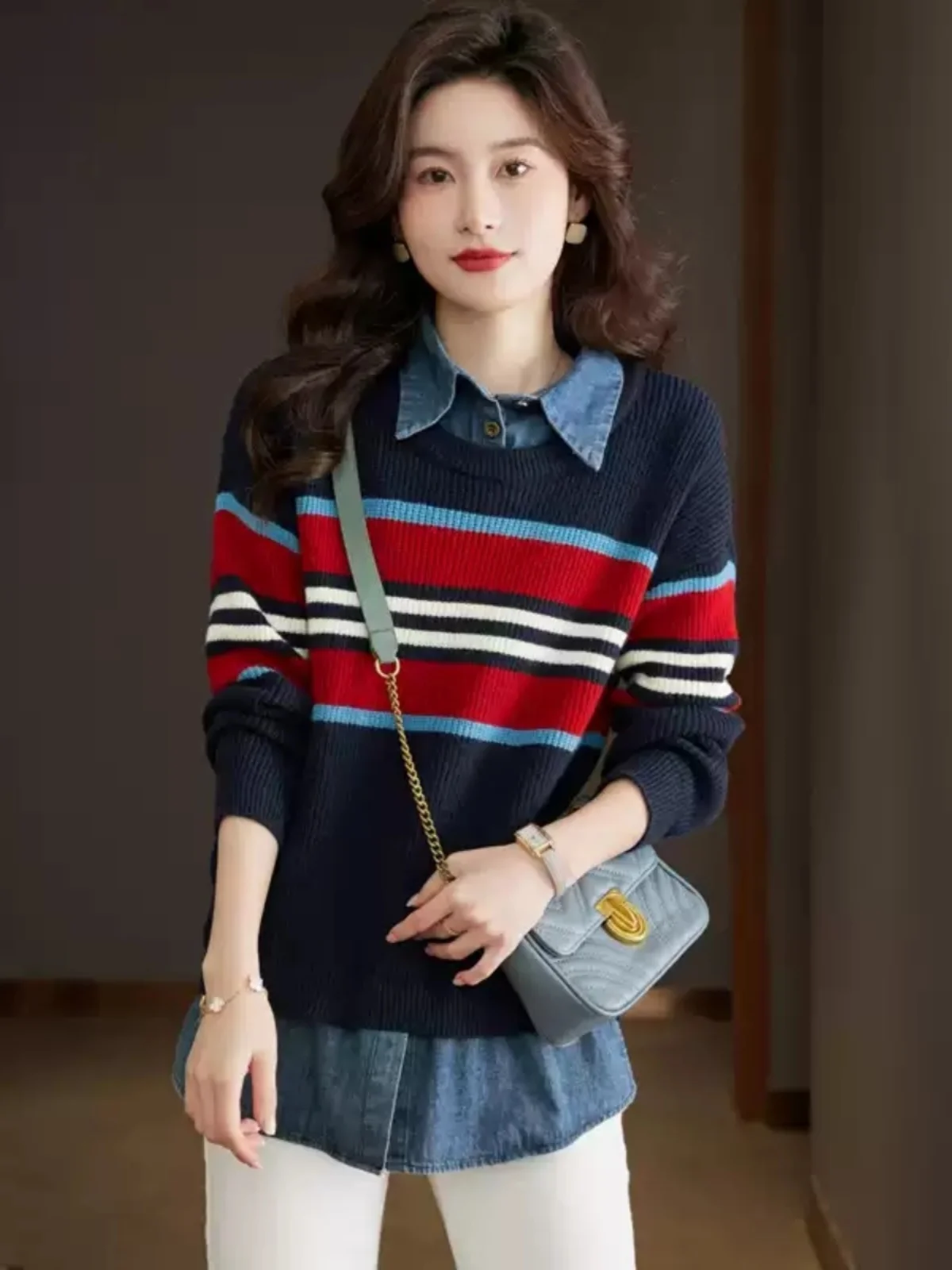 

Denim irt Collar Knitted Sweater Women's Spring Autumn Outerwear Anti-Aging Patchwork Sweater Trendy Top Korean Sle Loose...