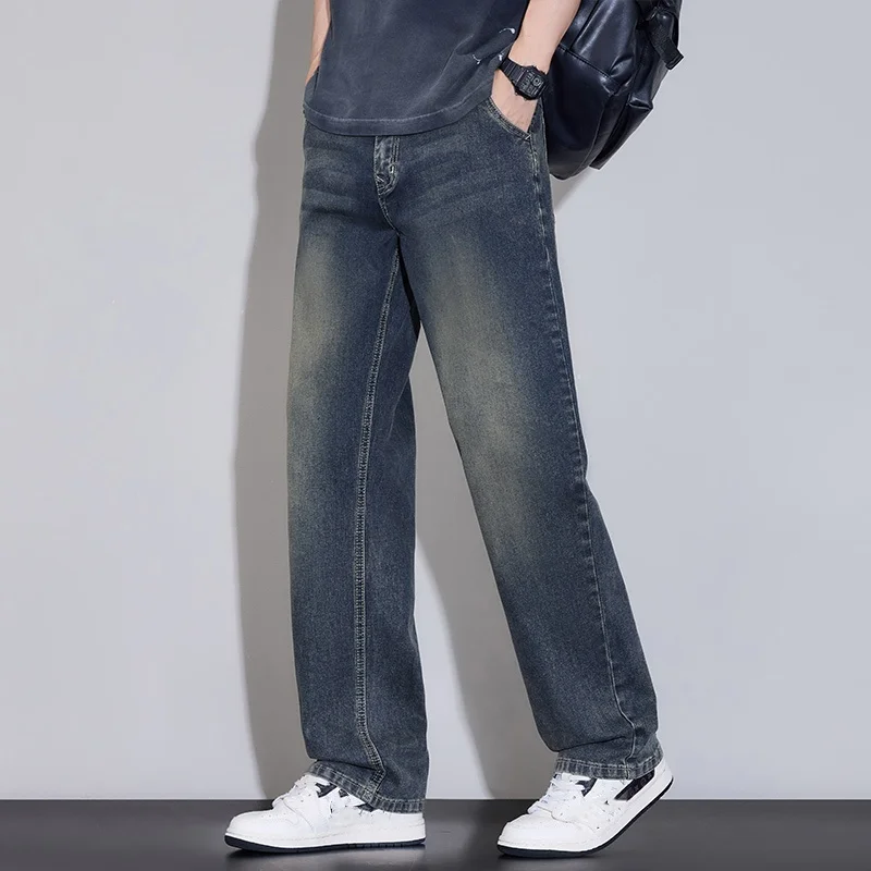 American style loose elastic straight leg jeans for men soft and hanging wide leg denim pants multi colored street casual pants