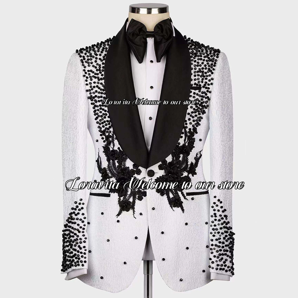 Luxury Black Crystals Beaded Lapel Men Suits Party Male Prom Blazers 2 Pieces Set Wedding Groom Tuxedos Slim Fit Terno Masculino