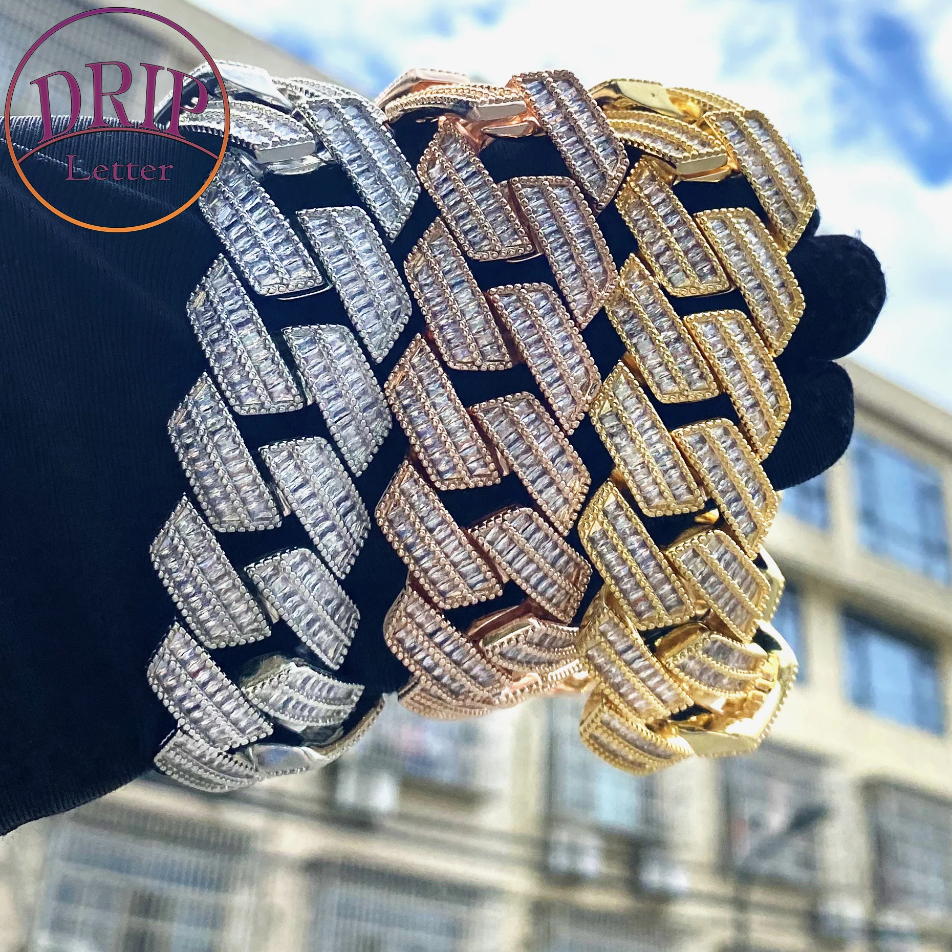 

Drip Letter Iced Out Cuban Link Bracelet for Men Mirco Pave Prong Setting Real Gold Plated Hip Hop Jewelry