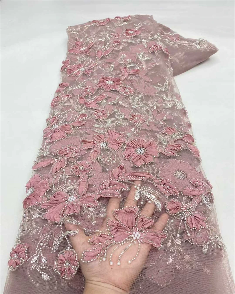 

African Fashion Lace Fabric Tulle Mesh with Sequins And Beads Embroidery for Nigeria Style Dresses