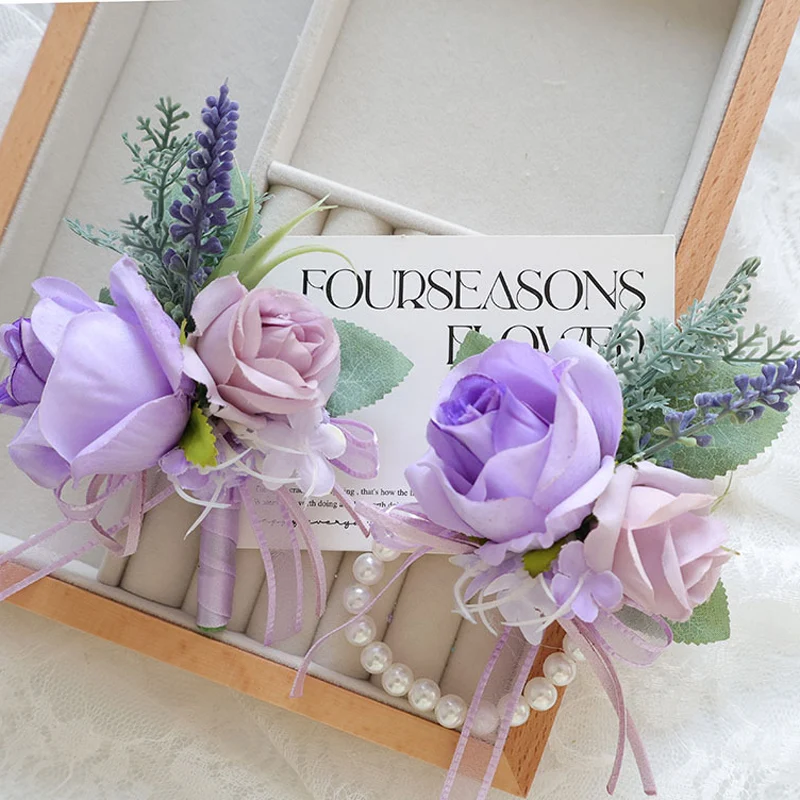 

25049 Purple Bohemian Rose Flower Corsage & Wristlet Set - Perfect for Brides, Groomsmen, and Wedding Decorations