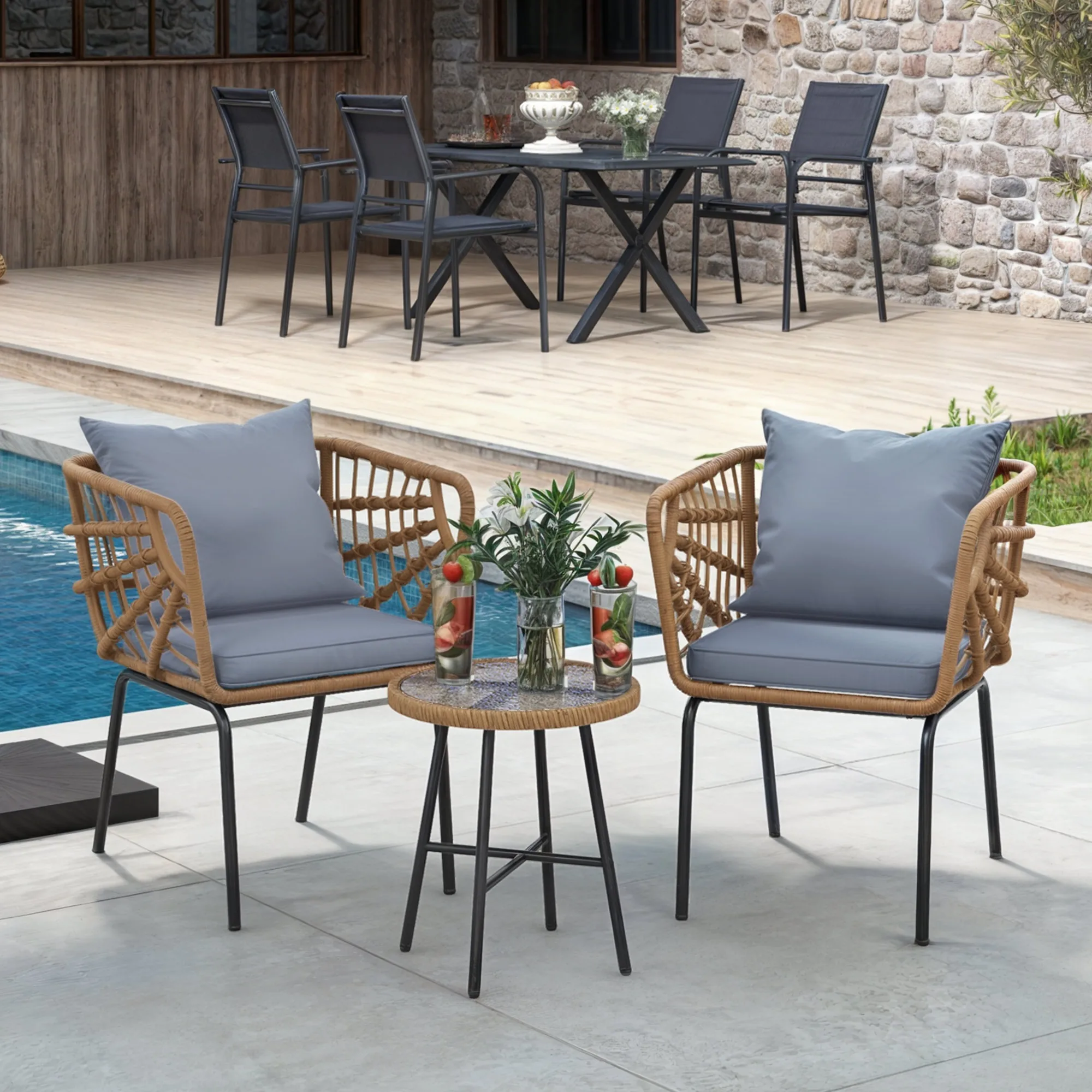 3 PCS Outdoor Wicker Patio Chair Set Rattan Patio Furniture Table W/ Cushion Outdoor Conversation Set