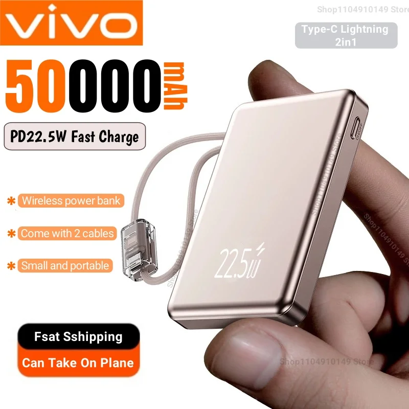 

VIVO 2 In1 Power Bank 50000 мАч, большая емкость, встроенные кабели, 22,5 Вт, портативная резервная батарея с быстрой зарядкой для Iphone Samsung