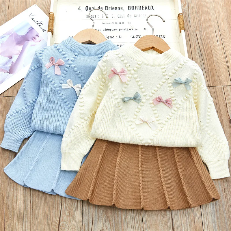 

Bow Princess Sweaters Tops + Skirt Autumn Girls Clothes Set Fashion Winter Children Knitted Clothes Two Piece Sets 2-6Yrs