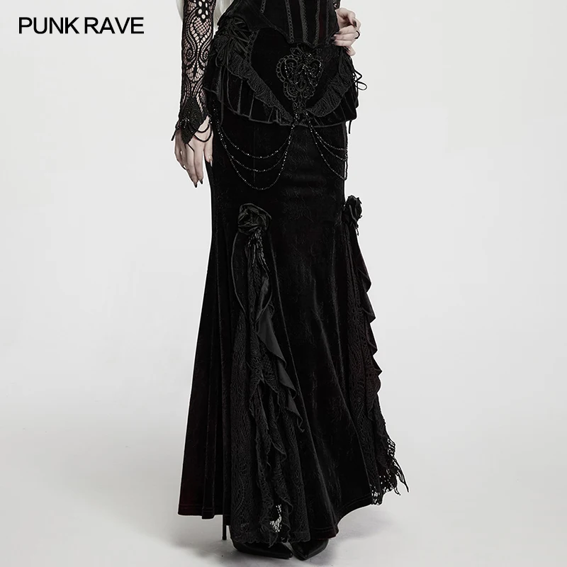 PUNK RAVE Women's Gothic Embossed Velvet Strong Drape Skirt Fish Tail Shape Graceful 3D Ruffles Dancing Party Women Clothing