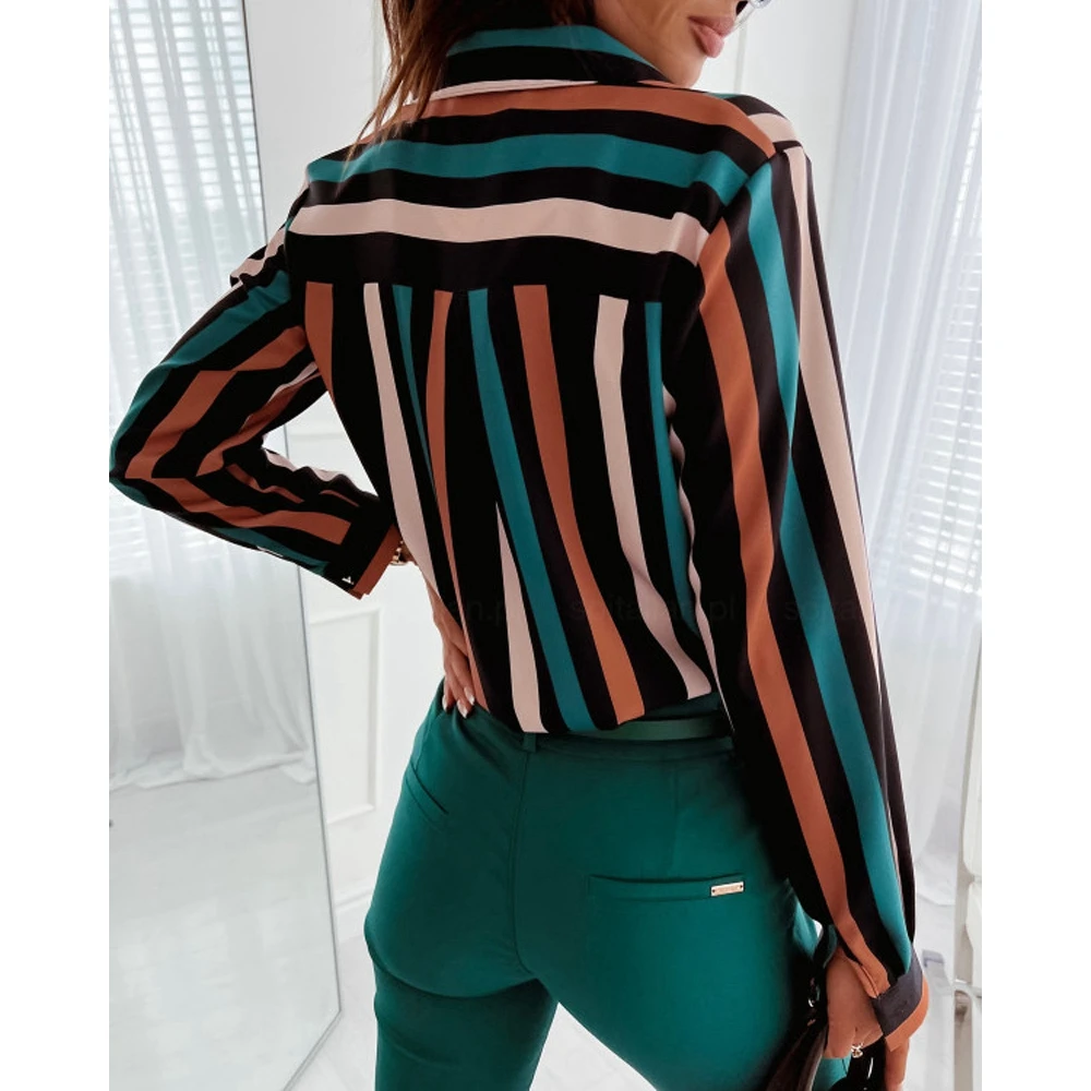 Striped Colorblock Turn-down Collar Long Sleeve Women Blouse Fashion Elegant Office Femme Casual Shirt Top Workwear Free Ship