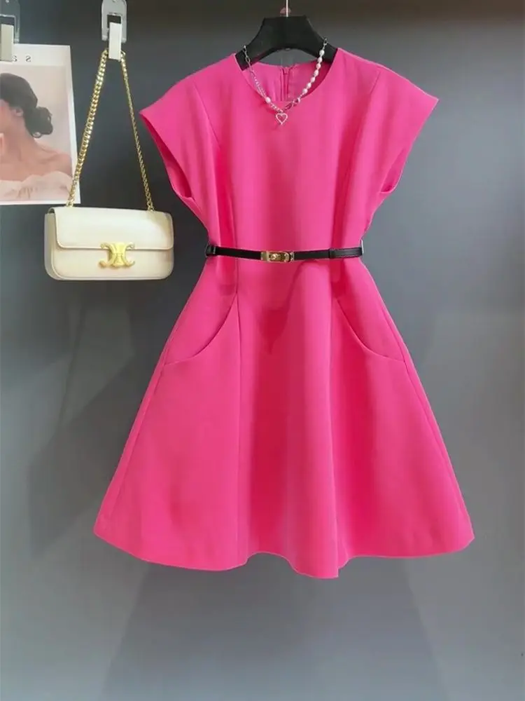 Spring and Summer Rose Red Dress Korean Version New Fashionable and Casual Unique Waist Cinching Elegant Women's Dress
