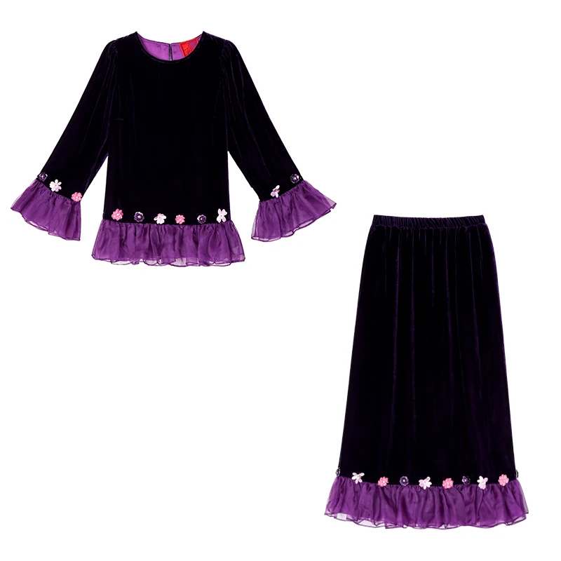 Conjunto de dos piezas de terciopelo negro para mujer, abrigo de manga larga + falda de longitud Hlaf, vestido elegante con volantes y cuentas de retales, trajes de otoño 2024