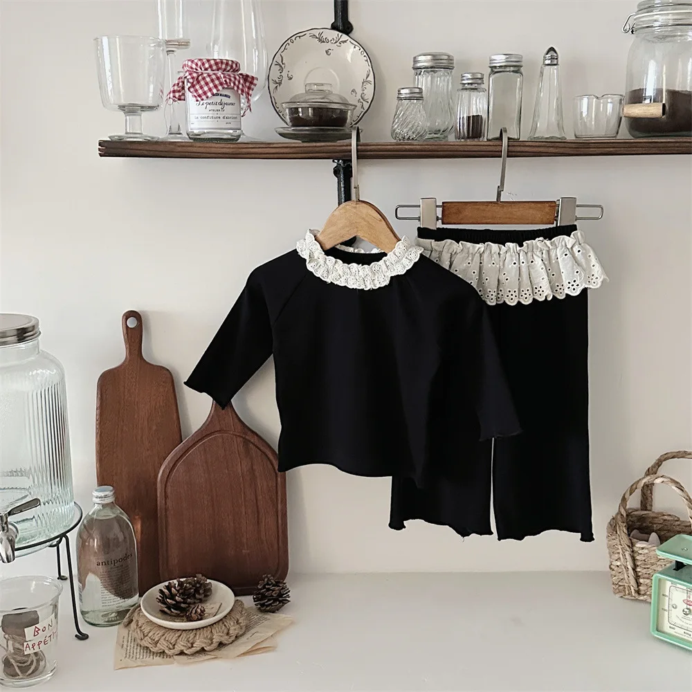 Baby's Sets Spring Autumn Girls' Set with Western Style Lace Collar Long Sleeve Top Korean Version Loose Pants for Baby Girls