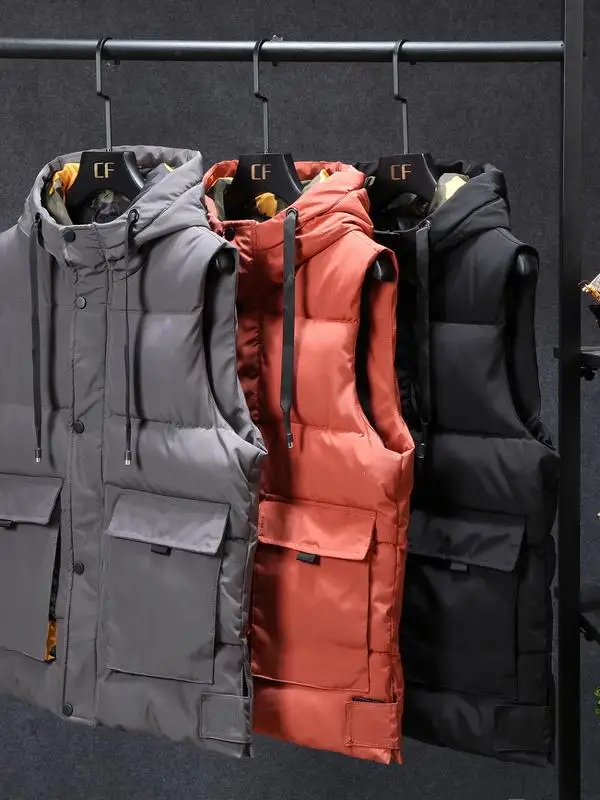 

Men's Hooded down Cotton Vest Thiened Autumn Winter Faion Youth Sle Warmth Se Reflective Zipper Closure Casual Vest
