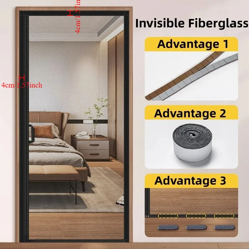 Invisible Fiberglass Door Screen Curtain, Self-Adhesive No Drill, Magnetic Auto Close Anti-Mosquito Mesh for Home Bedroom